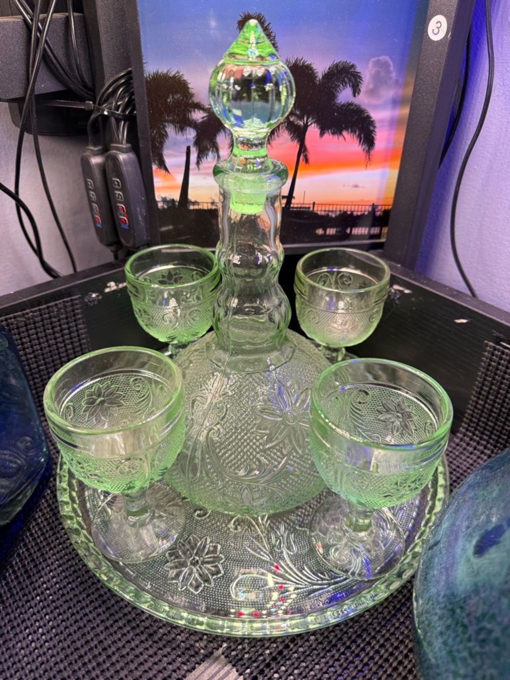 Vintage Indiana Glass Tiara  Green Pressed Glass Decanter Set with Four Goblets